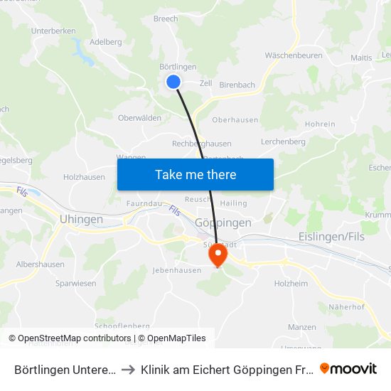 Börtlingen Untere Bruck to Klinik am Eichert Göppingen Frauenklinik map