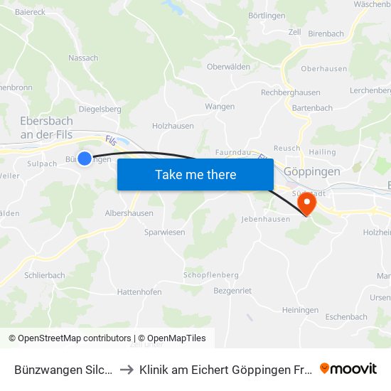 Bünzwangen Silcherstr. to Klinik am Eichert Göppingen Frauenklinik map