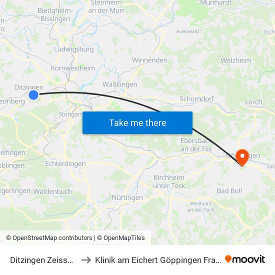Ditzingen Zeissstraße to Klinik am Eichert Göppingen Frauenklinik map