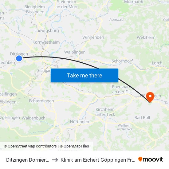 Ditzingen Dornierstraße to Klinik am Eichert Göppingen Frauenklinik map