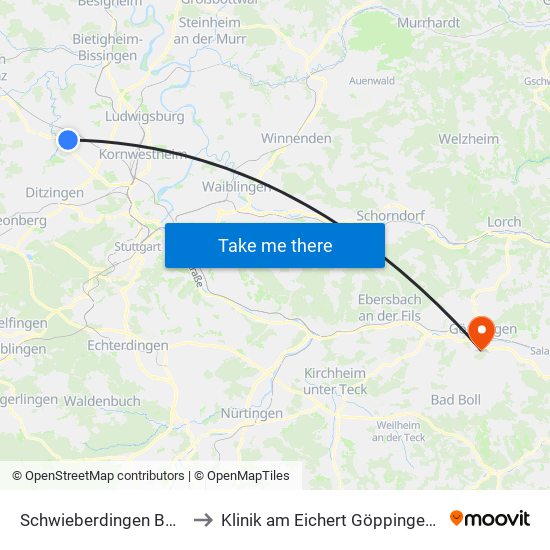 Schwieberdingen Bosch Tor III to Klinik am Eichert Göppingen Frauenklinik map