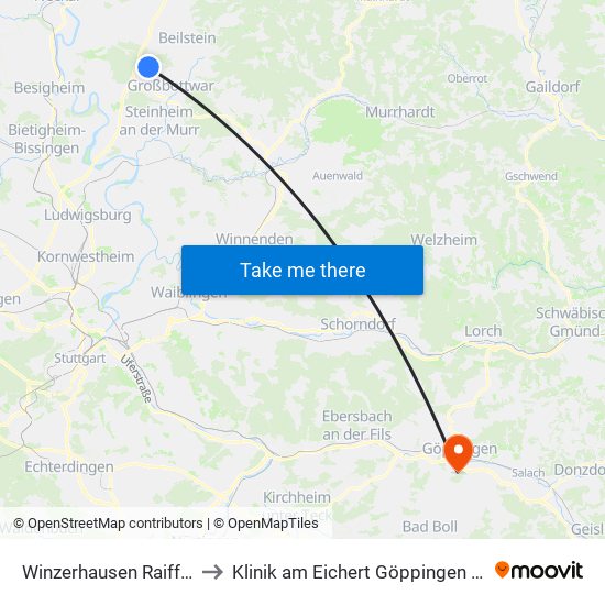 Winzerhausen Raiffeisenstr. to Klinik am Eichert Göppingen Frauenklinik map