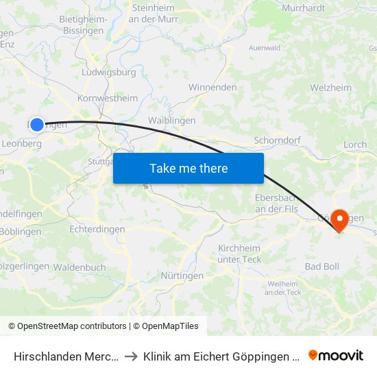 Hirschlanden Mercedesstr. to Klinik am Eichert Göppingen Frauenklinik map