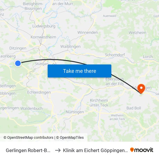 Gerlingen Robert-Bosch-Platz to Klinik am Eichert Göppingen Frauenklinik map