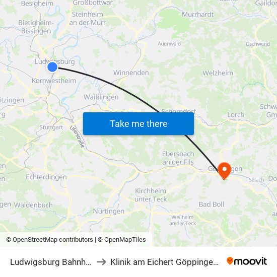 Ludwigsburg Bahnhof (Arena) to Klinik am Eichert Göppingen Frauenklinik map