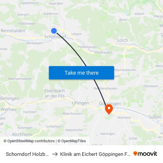 Schorndorf Holzbergweg to Klinik am Eichert Göppingen Frauenklinik map