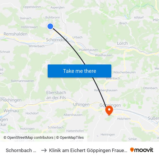 Schornbach Post to Klinik am Eichert Göppingen Frauenklinik map