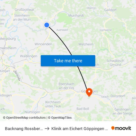Backnang Rossbergstaffel to Klinik am Eichert Göppingen Frauenklinik map