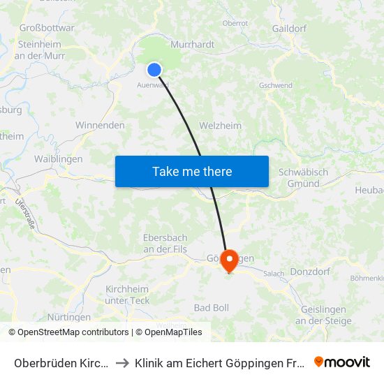 Oberbrüden Kirchplatz to Klinik am Eichert Göppingen Frauenklinik map