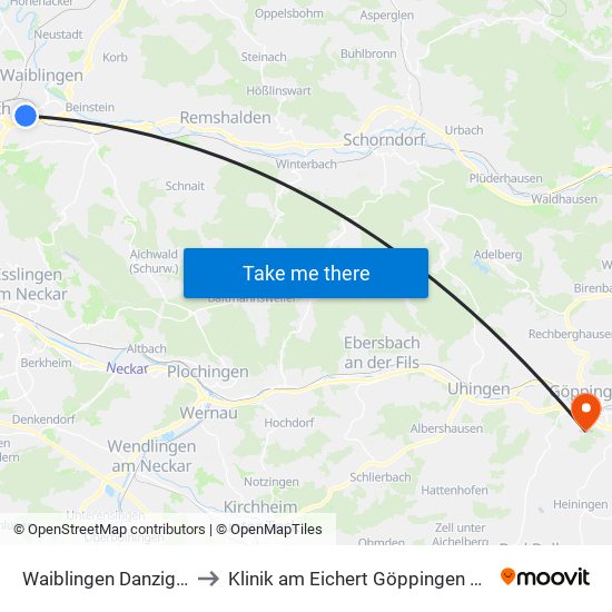 Waiblingen Danziger Platz to Klinik am Eichert Göppingen Frauenklinik map