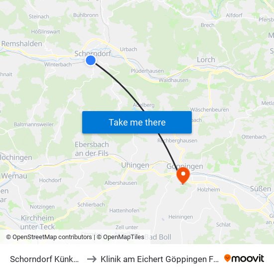 Schorndorf Künkelinhalle to Klinik am Eichert Göppingen Frauenklinik map