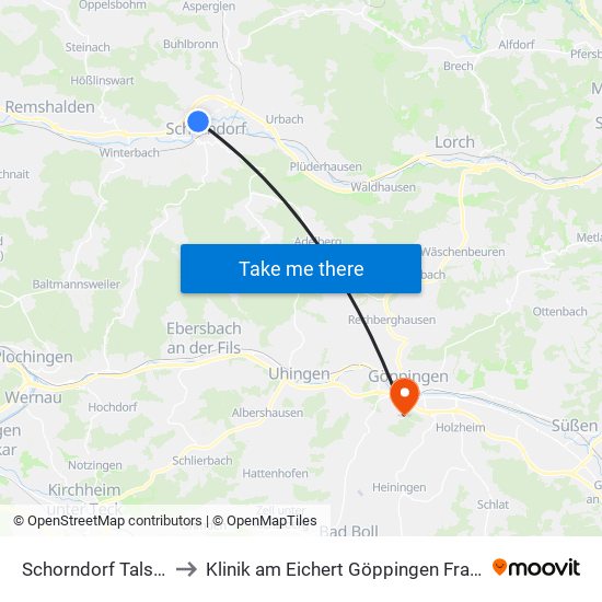 Schorndorf Talstraße to Klinik am Eichert Göppingen Frauenklinik map
