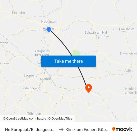 Hn Europapl./Bildungscampus West Bstg Sued to Klinik am Eichert Göppingen Frauenklinik map