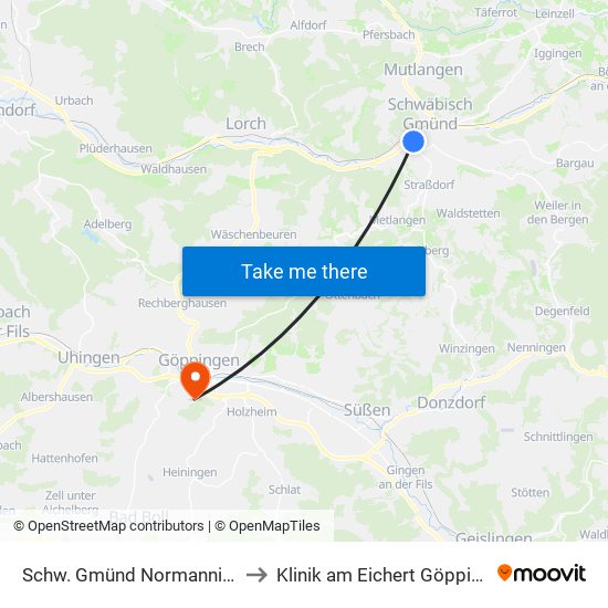 Schw. Gmünd Normanniaplatz/Sporthalle to Klinik am Eichert Göppingen Frauenklinik map