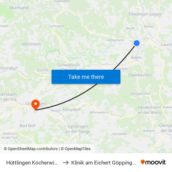 Hüttlingen Kocherwiesen/K3311 to Klinik am Eichert Göppingen Frauenklinik map