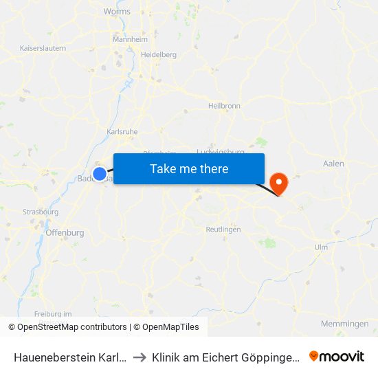Haueneberstein Karlsruher Str. to Klinik am Eichert Göppingen Frauenklinik map
