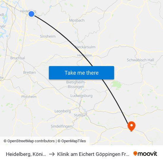 Heidelberg, Königstuhl to Klinik am Eichert Göppingen Frauenklinik map