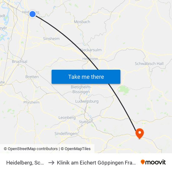 Heidelberg, Schloss to Klinik am Eichert Göppingen Frauenklinik map