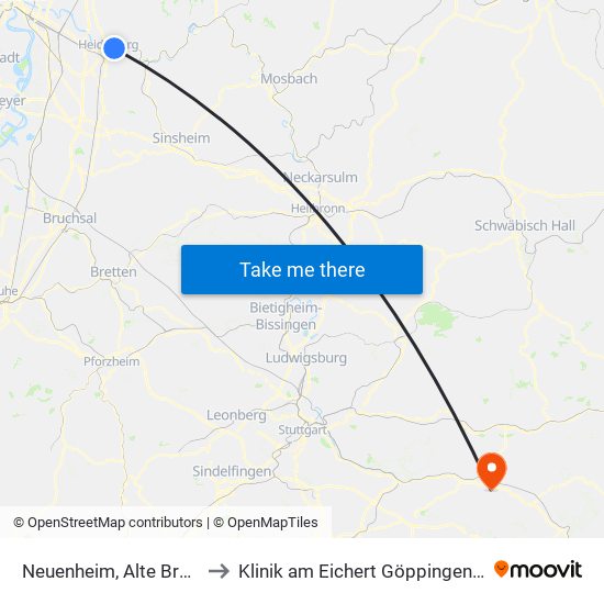 Neuenheim, Alte Brücke Nord to Klinik am Eichert Göppingen Frauenklinik map