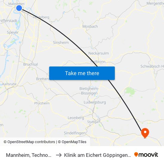 Mannheim, Technoseum Süd to Klinik am Eichert Göppingen Frauenklinik map