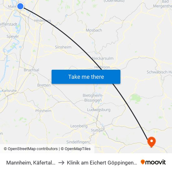 Mannheim, Käfertaler Straße to Klinik am Eichert Göppingen Frauenklinik map