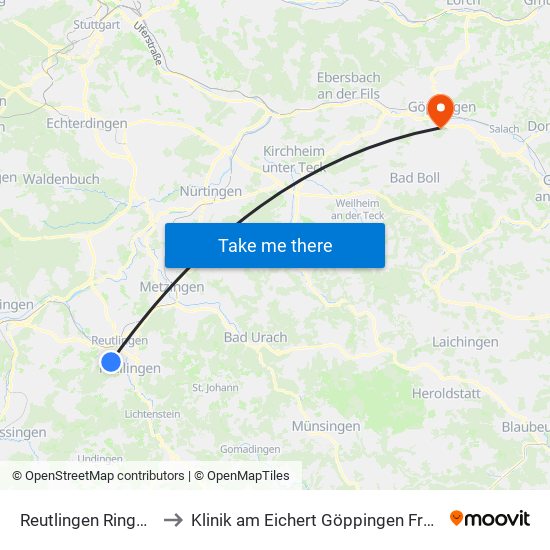 Reutlingen Ringelbach to Klinik am Eichert Göppingen Frauenklinik map