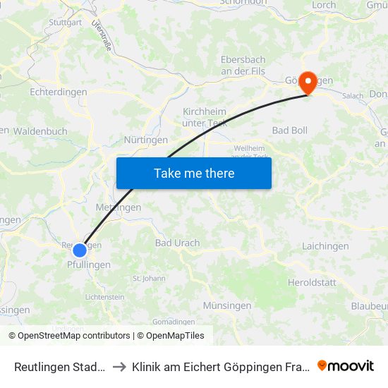 Reutlingen Stadthalle to Klinik am Eichert Göppingen Frauenklinik map