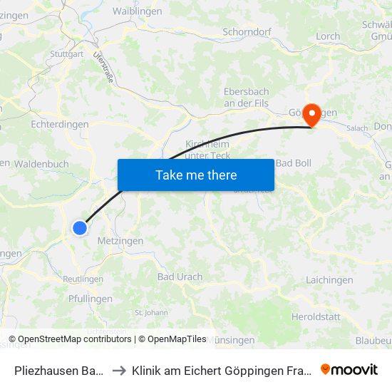 Pliezhausen Bachstr. to Klinik am Eichert Göppingen Frauenklinik map
