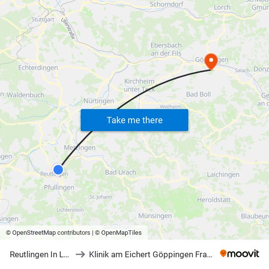 Reutlingen In Laisen to Klinik am Eichert Göppingen Frauenklinik map