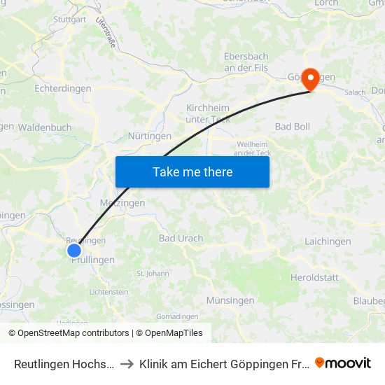 Reutlingen Hochschulen to Klinik am Eichert Göppingen Frauenklinik map