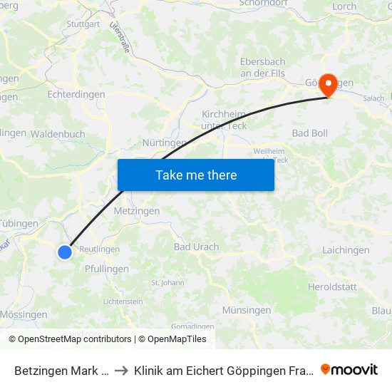 Betzingen Mark West to Klinik am Eichert Göppingen Frauenklinik map
