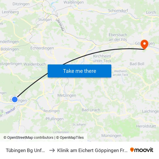 Tübingen Bg Unfallklinik to Klinik am Eichert Göppingen Frauenklinik map