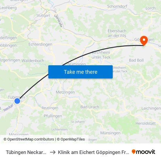 Tübingen Neckarbrücke to Klinik am Eichert Göppingen Frauenklinik map