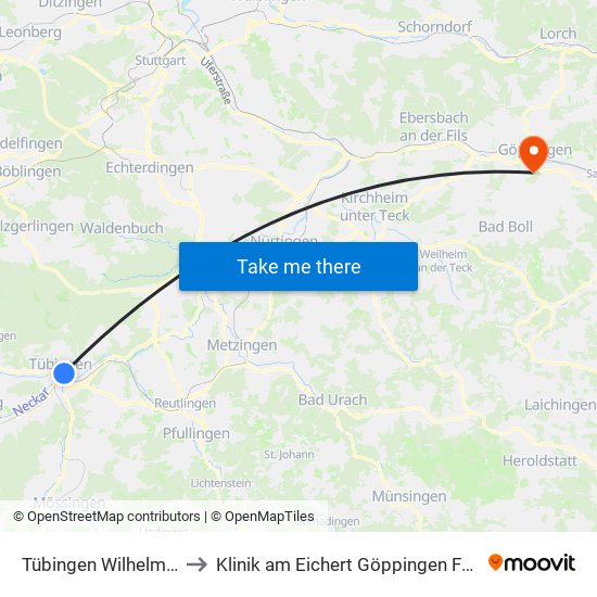 Tübingen Wilhelmstraße to Klinik am Eichert Göppingen Frauenklinik map