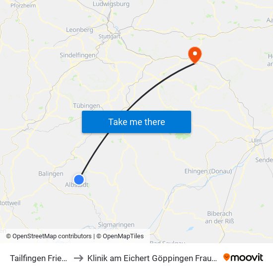 Tailfingen Friedhof to Klinik am Eichert Göppingen Frauenklinik map