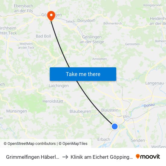 Grimmelfingen Häberlinweg Bstg A to Klinik am Eichert Göppingen Frauenklinik map