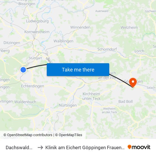 Dachswaldweg to Klinik am Eichert Göppingen Frauenklinik map