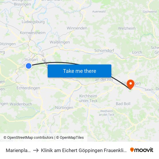 Marienplatz to Klinik am Eichert Göppingen Frauenklinik map