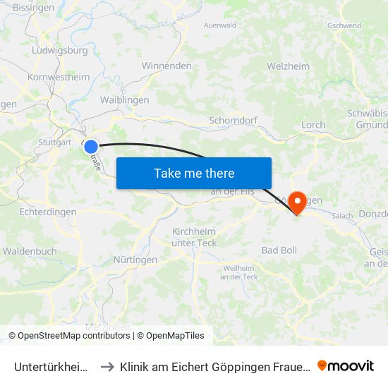 Untertürkheim Bf to Klinik am Eichert Göppingen Frauenklinik map