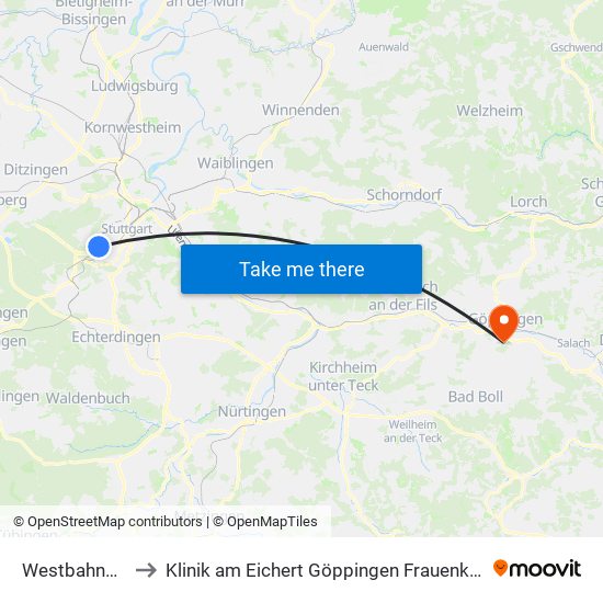 Westbahnhof to Klinik am Eichert Göppingen Frauenklinik map