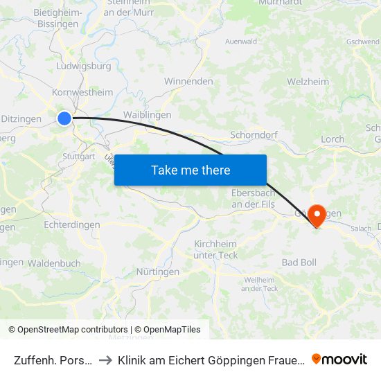 Zuffenh. Porsche to Klinik am Eichert Göppingen Frauenklinik map