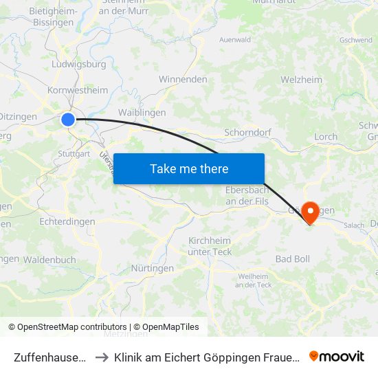 Zuffenhausen Bf to Klinik am Eichert Göppingen Frauenklinik map