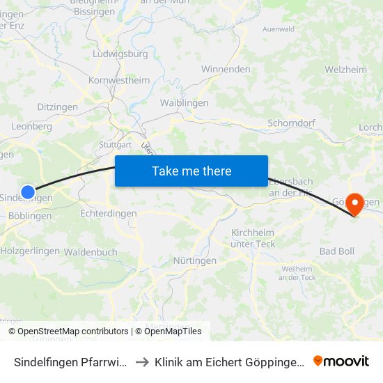Sindelfingen Pfarrwiesengymn. to Klinik am Eichert Göppingen Frauenklinik map