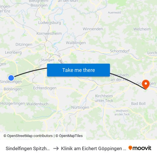 Sindelfingen Spitzholzstraße to Klinik am Eichert Göppingen Frauenklinik map