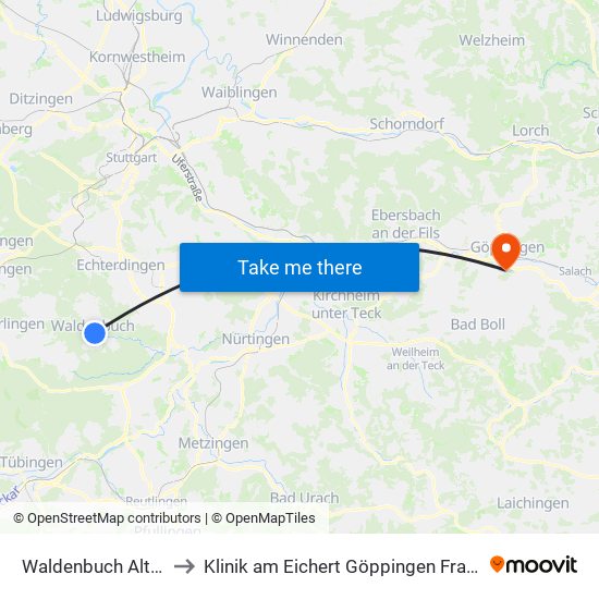 Waldenbuch Altstadt to Klinik am Eichert Göppingen Frauenklinik map