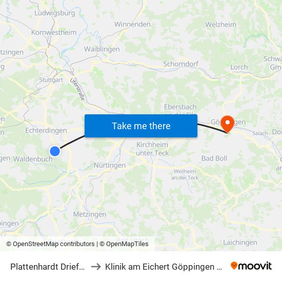 Plattenhardt Driefbrunnen to Klinik am Eichert Göppingen Frauenklinik map