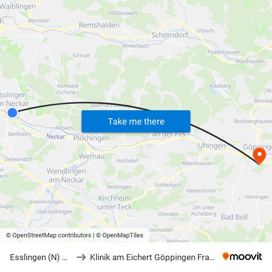 Esslingen (N) Maille to Klinik am Eichert Göppingen Frauenklinik map