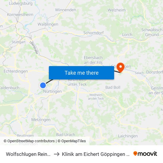 Wolfschlugen Reinhardtstr. to Klinik am Eichert Göppingen Frauenklinik map