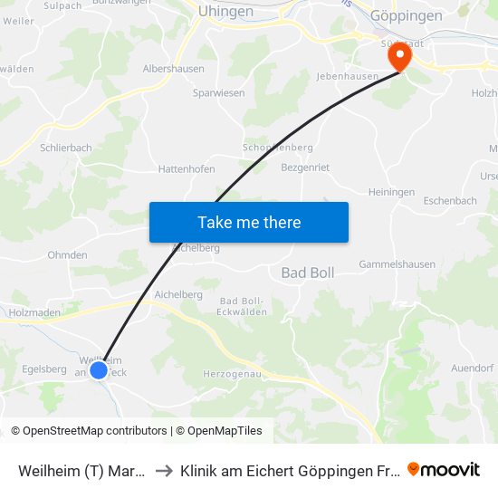 Weilheim (T) Marktplatz to Klinik am Eichert Göppingen Frauenklinik map