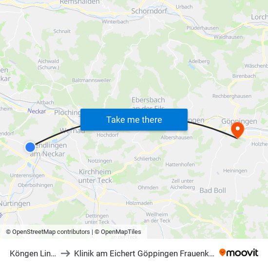 Köngen Linde to Klinik am Eichert Göppingen Frauenklinik map